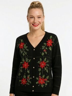 Victoria Jones Black Floral Poinsettia Christmas Beaded Cardigan Sweater -Large